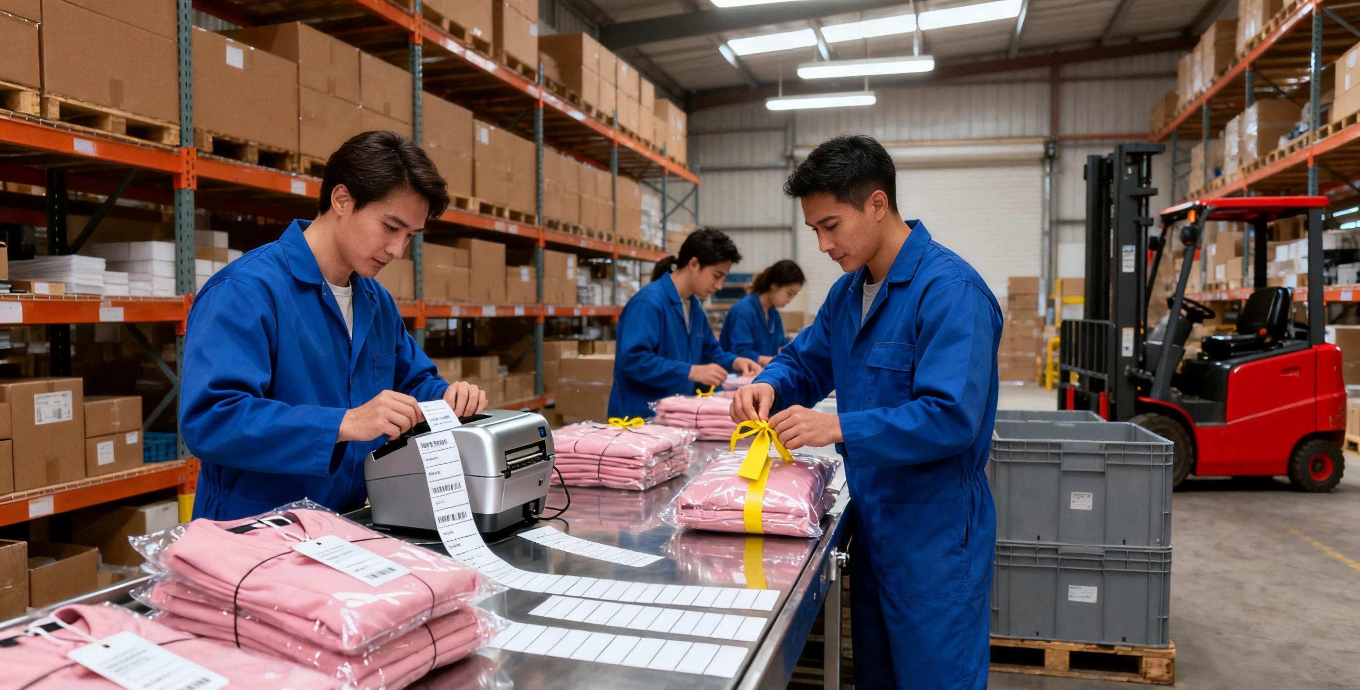 Warehouse preparing hanging tags for retail logistics